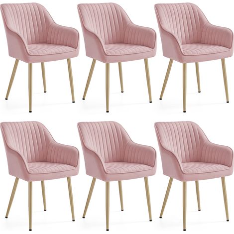 SONGMICS Chaise Salle à Manger, lot de 6, Chaise de Cuisine, Fauteuil en Velours, Rembourrée, avec Accoudoirs, Charge Max. 120 kg, Pieds en Métal, pour Salle à Manger, Rose Bonbon et Doré Clair (1/5)