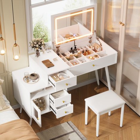 Coiffeuse bureau 120x50x77,5 cm avec LED 3 couleurs, miroir pliant, plateau extensible et tabouret, bambou, blanc (1/5)