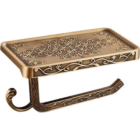 Porte-papier toilette vintage avec étagères et sculptures florales, porte-rouleau mural décoratif en aluminium finition bronze (1/5)