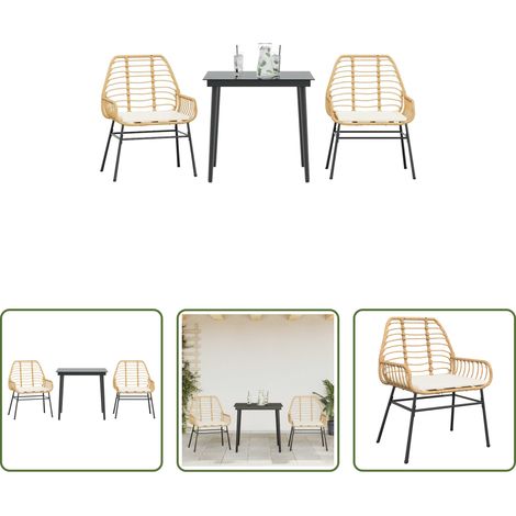 vidaXL Table de jardin - Ensemble à manger jardin coussins 3pcs marron poly rotin verre (1/5)
