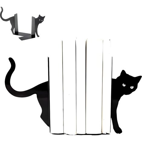 Lot de 2 serre-livres décoratifs en métal - Motif chat noir - Pour les amateurs de livres et les amoureux des chats
