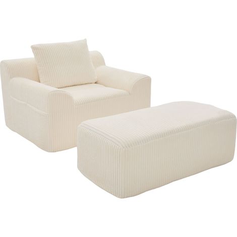 Oversize Sessel mit Hocker und Seitentaschen, Tiefe Sitzfläche, Kissen, Gepolsterter Loungesessel aus Cord Beige
