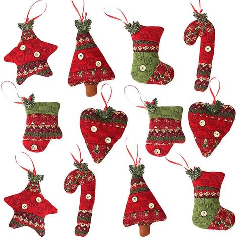 12 décorations de Noël en jute à suspendre au sapin, chaussettes de Noël en forme d'étoile et de cœur (1/5)