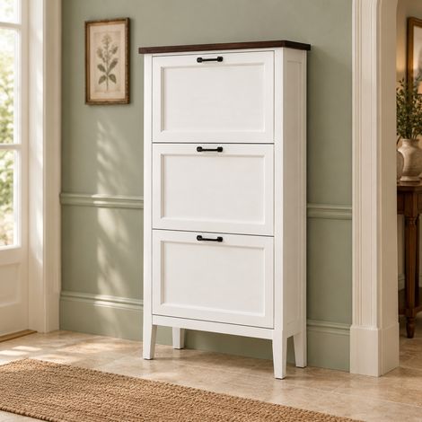 Schmaler Schuhschrank für 12–18 Paar, 3 Klappen, verstellbare Einlegeböden, weißes MDF (1/5)