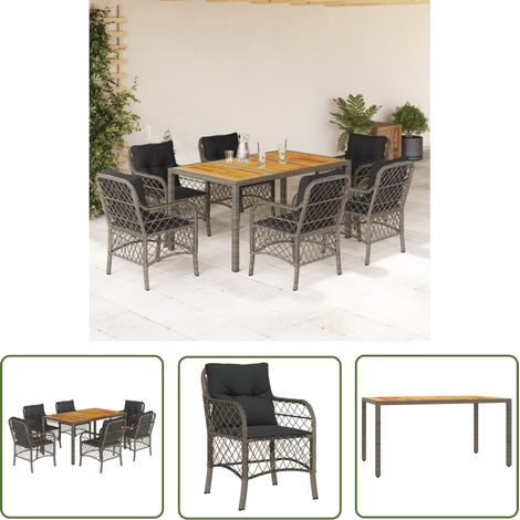 The Living Store 7-tlg. Garten-Essgruppe mit Kissen Grau Poly Rattan - Gartengestelle - Gartenmöbelset - Outdoor Möbel - Esstisch - Gartenstuhl (1/5)