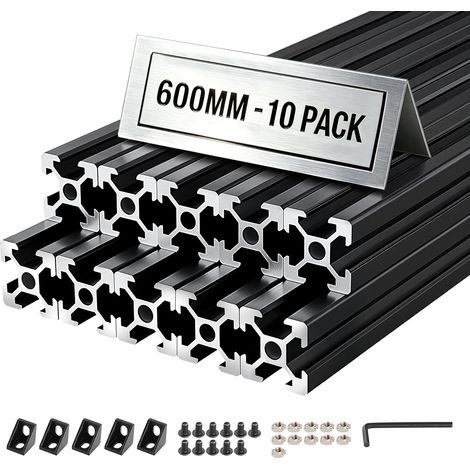 VEVOR Perfil de Extrusión de Aluminio 2020 Ranura en T Estándar Europeo, Carril Lineal de Extrusión 600 mm, Perfil de Aluminio para Marcos de Impresoras 3D, Bancos de Trabajo CNC, 10 Piezas, Negro (1/5)