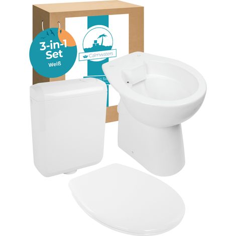 Calmwaters® Spülrandloses Stand WC mit 7 cm Erhöhung im Set mit WC Sitz mit Absenkautomatik und Spülkasten, 99000187
