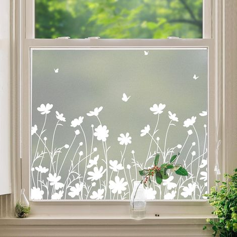 Fensterfolien für Sichtschutz, florale Muster, reinweiße Designs, farbiges Glas, dekoratives Milchglas, Sonnenschutz, Wärmedämmung und antistatische Eigenschaften. (1/5)