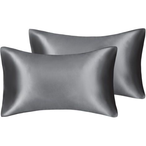 Taie d'oreiller en satin soyeux pour cheveux et visage - Lot de 2 - Anti-rides - Fermeture éclair dissimulée - 50 x 75 cm (Gris) (1/5)