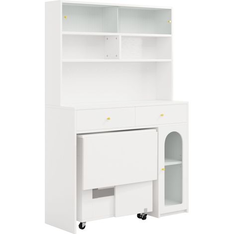 Ensemble de meubles de cuisine avec table pliante et comptoir de bar, table roulante mobile, armoire haute de rangement, set pour cuisine, salle à manger et salon, blanc (1/5)