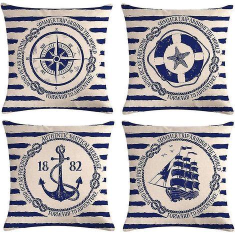 Set aus Kissenbezügen mit maritimen Motiven, dekorative Kissenbezüge aus Baumwolle und Leinen für Zuhause