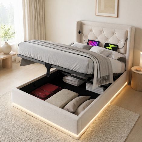 Cama con almacenaje 90x200 LED USB algodón OKMYHOME (1/5)