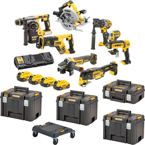Juego de herramientas a batería DeWalt DCK 853 P4T 18 V DCD 996 + DCF 887 + DCH 273 + DCG 405 + DCS 367 + DCS 356 + DCS 565 + DCL 050 + 4 baterías de 5,0 Ah + cargador + 4x T STAK + carrito