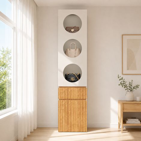 Armoire colonne 45x50x200 cm, Armoire chambre étroite dressing penderie, en MDF, style scandinave, avec 2 portes et 1 tiroir, Gris et Naturel (1/5)