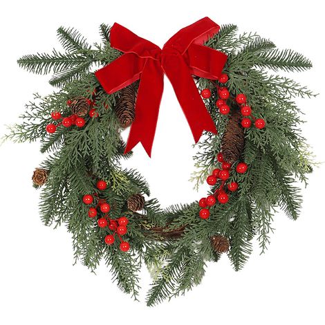 Künstlicher Weihnachtskranz mit leuchtend roten Beeren und Schleife zur Dekoration der Haustür, Weihnachtsgirlande für drinnen und draußen (1/2)