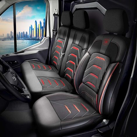 3 Housses de siège universelles, Lin noir et rouge, Compatibles airbags, Pour Fiat Ducato Peugeot Boxer (1/3)