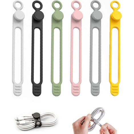(6 Pcs) Nouvel organisateur câbles données, attaches câbles en silicone, organisateur câbles réutilisable, organisateurs câbles pour cordons, accessoires pour la maison, le bureau et les voyage (1/5)