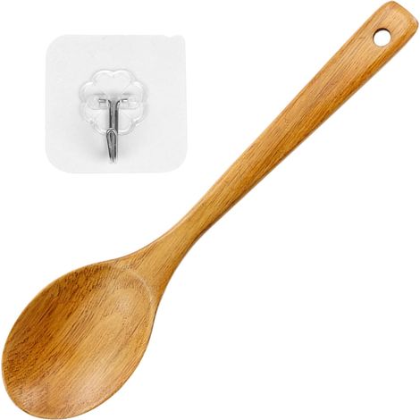 1 cuillère de cuisine en bois avec crochet de 6 cm - Grande cuillère en bois de 30 cm de long - Spatule en bois - Ustensiles de cuisine antibactériens et durables - Pour la maison (1/5)