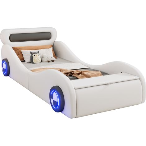 Lit enfant 90x200 cm, voiture LED, avec roues LED, rangement PU, blanc (1/5)