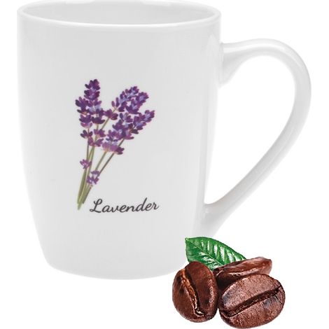 Porzellantasse für Kaffee oder Tee, Provence-Lavendel, 320 ml, milchweiß, farbenfroher Aufdruck, Lavendelblüten, New Bone Porzellan (1/3)