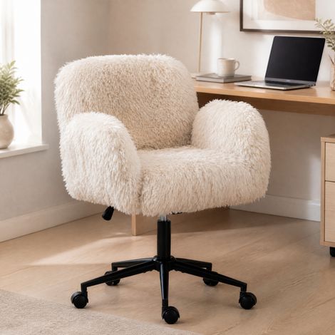 Sedia ufficio beige in lana fleece, braccioli pieghevoli, girevole, con rotelle, REDOM (1/5)