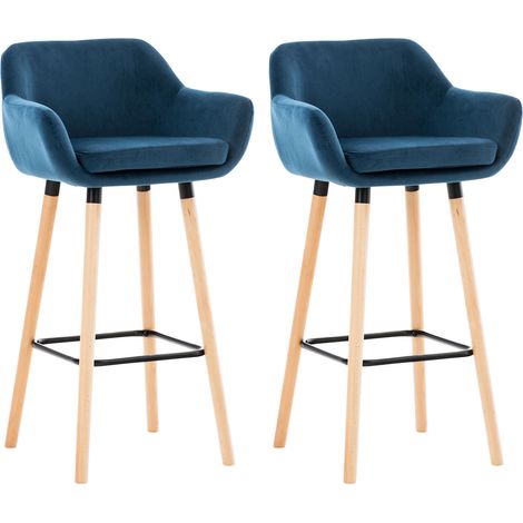 Juego de 2 taburetes de bar de terciopelo azul con patas de madera reposapiés y reposabrazos estilo retro moderno TDB10283 (1/4)