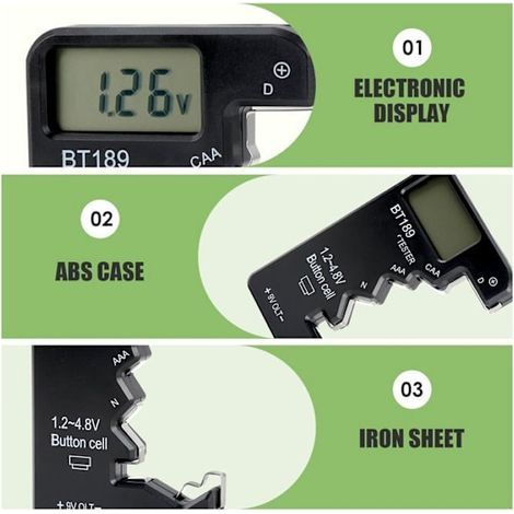 Mini testeur de piles numérique, testeur de piles universel ABS avec écran LCD haute résolution pour types D, CAA, N, LR44, 9V et 6F22 (1/3)
