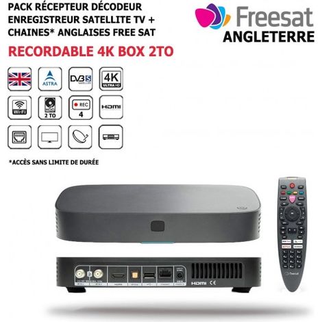 Récepteur décodeur enregistreur 4K TV Box - HD4K - TV Box 2To - Pack satellite FreeSat 106 chaînes - Astra 2 (28.2°E)