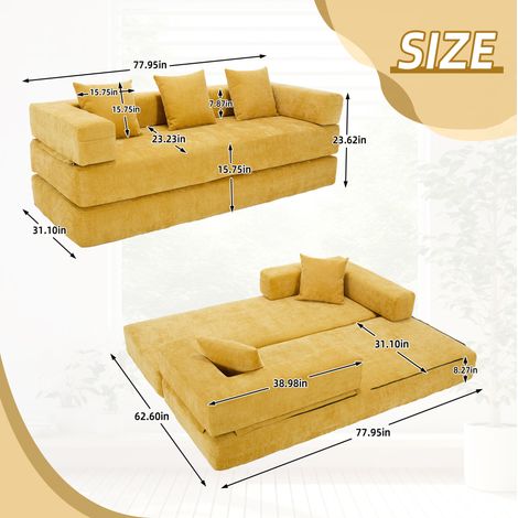 Sofá modular 198x79x60 cm amarillo mostaza, chenilla, almacenamiento lateral MEUBLIV (1/5)
