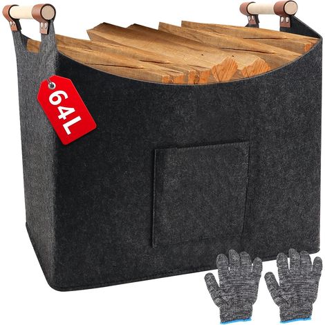 Panier à bûches de cheminée en feutre XL (64 L, 50 x 32 x 40 cm), grand panier à bois de cheminée, en feutre extra épais, pliable, avec poignée en bois et gants, pour bois de chauffage, courses (1/5)