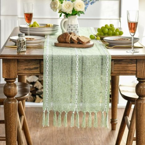 1 nappe/chemin de table rayé vert 35160cm (longueur des pompons comprise) (1/5)