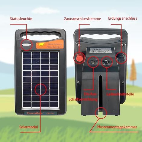 Appareil de clôture solaire avec une sortie pour jusqu'à 2 km, appareil portable pour élevage de volailles ou d'animaux domestiques, pâturage saisonnier du bétail avec une clôture (1/4)