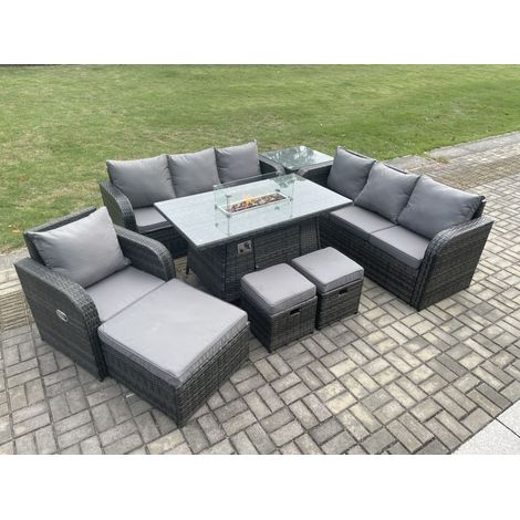 Fimous 10-Sitzer Polyrattan Gartenmöbel Set Gas Feuerstelle Esstisch Liegestühle 3-Sitzer Sofa Set mit Beistelltisch 3 Hockern (1/5)