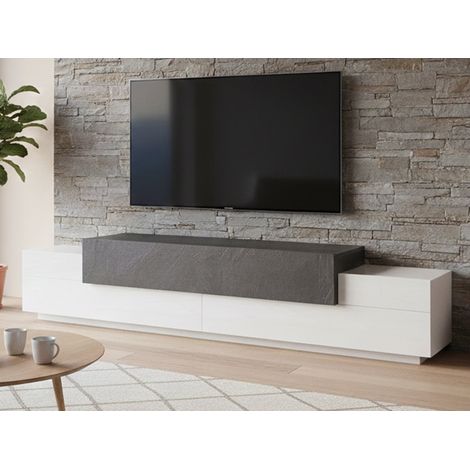 Dmora - Mobile porta TV Tiche, Credenza bassa da soggiorno, Base porta televisione, 100% Made in Italy, cm 240x45h52, Bianco lucido e Ardesia (1/5)