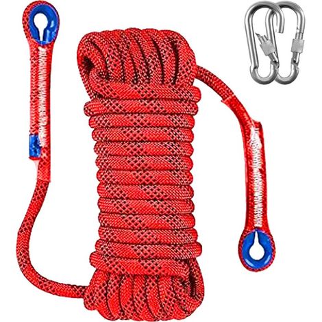 Corde maritime en polyester 10 m x 10 mm – Rouge, résistance à la rupture 1000 kg, double tresse avec 2 mousquetons, pour activités de plein air et camping (1/5)
