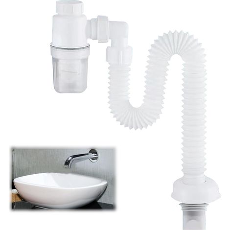 Siphon 1 1/4" - Tuyau de vidange flexible - Lavabo réglable - Anti-odeurs - Tuyau d'évacuation des eaux usées remplaçable - Blanc (1/5)