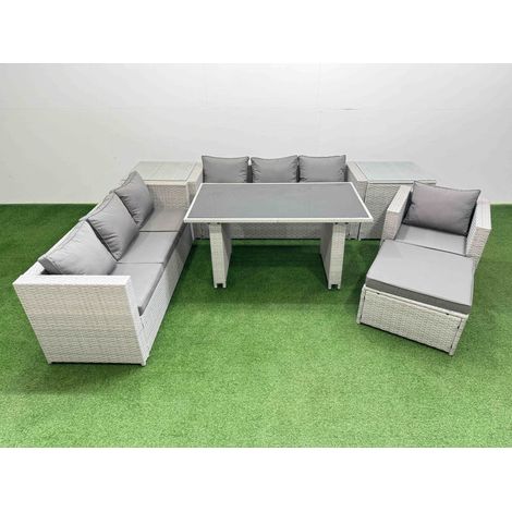 Fimous Patio Garden Furniture Sets with Black Glass Top Dining Table 3 Seater Sofa Armchair 2 Side Tables Big Stool Light Grey (1/5)