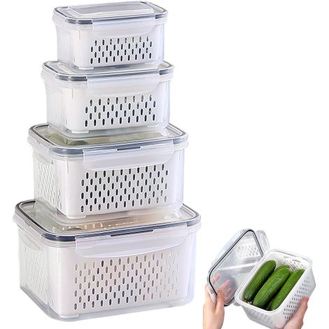 Kühlschrank-Organizer-Set, 4-teilig – Aufbewahrungsbehälter mit Deckel und Siebeinsatz (380 + 800 + 1700 + 3150 ml) – Stapelbare Aufbewahrungsboxen für Obst, Gemüse, Salat und Beeren (1/5)