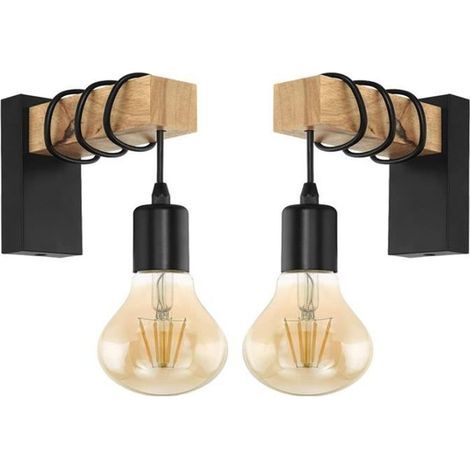 Applique Murale Industrielle MOGOD - Lot de 2 - Bois/Fer - E27 - Convient pour Salon, Chambre, Cuisine (1/4)