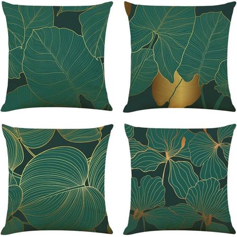 Lot de 4 housses de coussin vert jungle, 45x45 cm, en lin, pour salon, chambre, canapé, décoration moderne. (1/5)