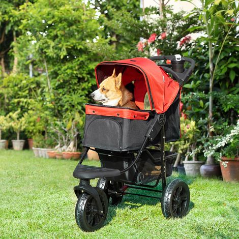 Poussette pour chien chariot pliable 3 roues tout-terrain EVA 12" auvent ajustable 2 laisses 109,5x57,5x106,5cm rouge (1/5)