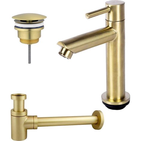 Fortifura Calvi - Ensemble lave-main avec robinet bas à poser, bonde non obturable et siphon design laiton brossé pvd (1/4)
