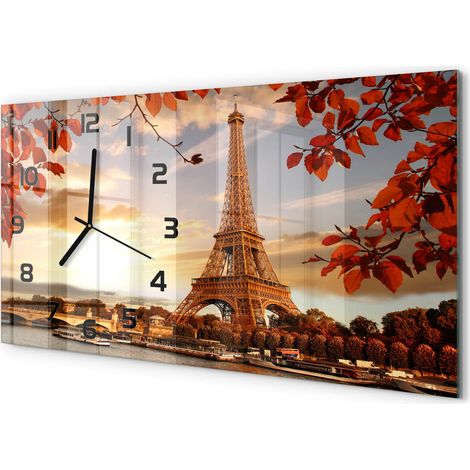 Horloge Murale XXL 60x30 cm Design Moderne en Verre Trempé Salon Salle à Manger Tour Eiffel, Paris (1/5)