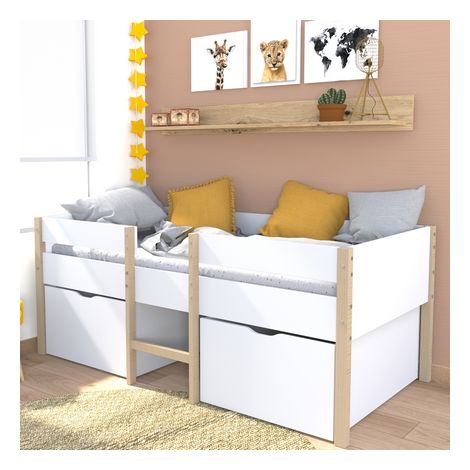 Lit mi-hauteur ZEPHIR 90x190 – 2 grands tiroirs sur roulettes – Sommier 12 lattes – Structure en panneau de particules blanc – Hauteur couchage 42 cm – Weber Industries