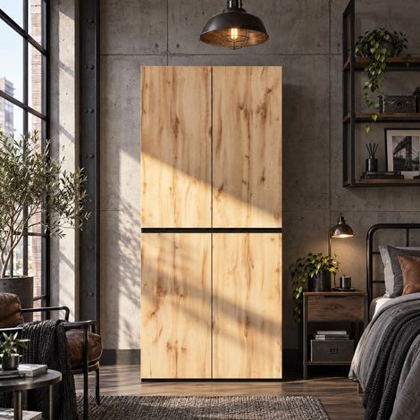 Armoire de chambre penderie, dressing avec tiroir à bijoux, 4 portes 3 tiroirs et tringle, style moderne, pour chambre et entrée, couleur bois (1/5)