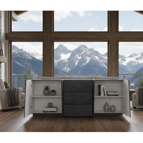 Credenza - 2 Ripiani 3 Cassetti, Grigio Ardesia, -, 220x43x86h cm Treinta