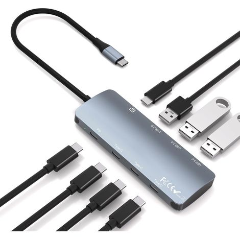 Hub USB C 8-en-1, Adaptateur Multiport USB C avec Sortie Vidéo 4K@60Hz, Transfert de Données 10 Gbit/s, Charge PD 100W, 3 USB-C et 3 USB-A, pour MacBook Pro/Air, iPad Pro et Ordinateur Portable (1/5)