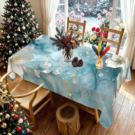 Nappe élégante à motif floral blanc marbré, effet aquarelle abstraite 2D (1 pièce), idéale pour décorer une table lors d'un dîner de Noël ou d'une fête en extérieur (photo). (1/4)