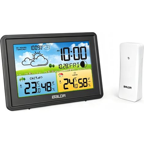 Station Météo Sans Fil - Capteur Extérieur Inclus - Température Humidité Pression Barométrique Phase Lunaire Prévision Météo - Écran Couleur Digital - Horloge Radio DCF - 1 Pièce (1/5)