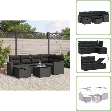The Living Store Salon de jardin 7 pcs avec coussins noir résine tressée - Ensemble Salon De Jardin - Mobilier De Jardin - Canapé D'extérieur - Set De Salon - Chaise Longue